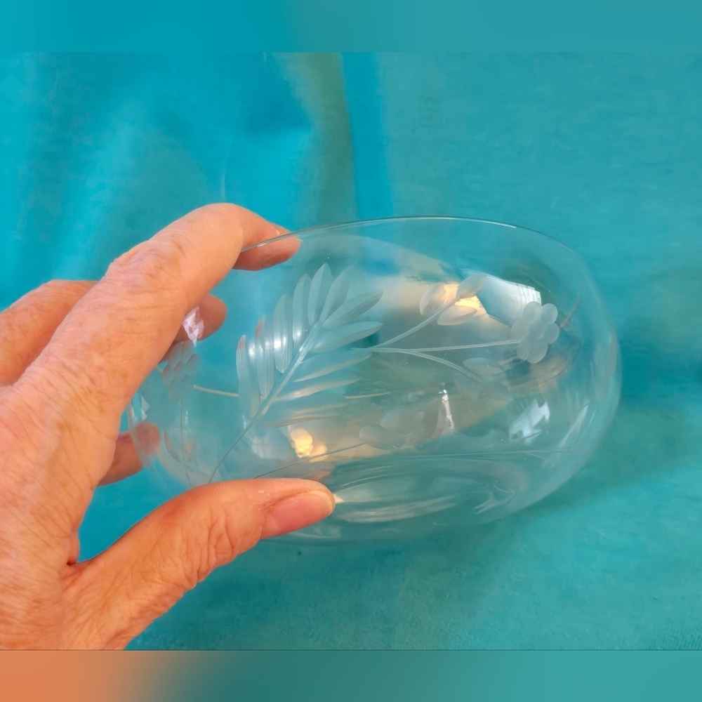 Vintage Crystal Bowl Etched Leaf Pattern Small Candy Dish Classic Collectible